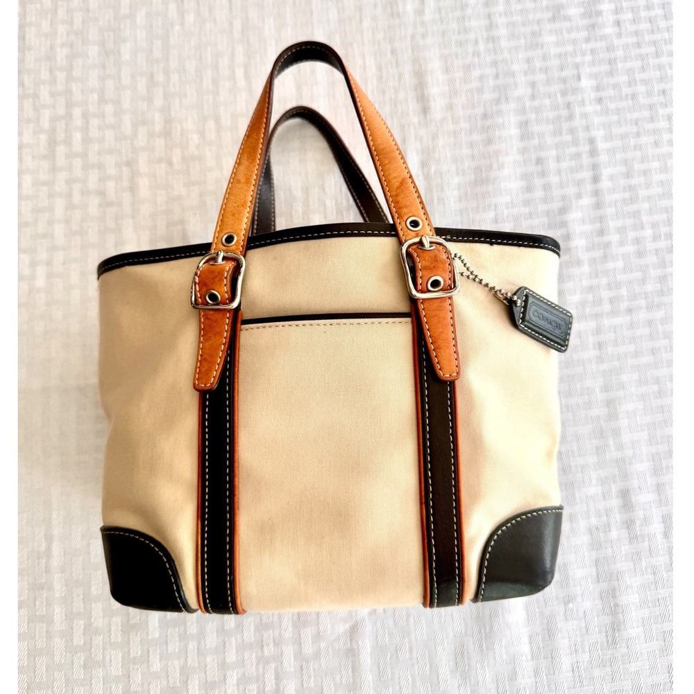Coach Hampton Canvas Leather Trim Tote Bag Cream Black Tan 7741 Small Shoulder - Picture 2 of 16
